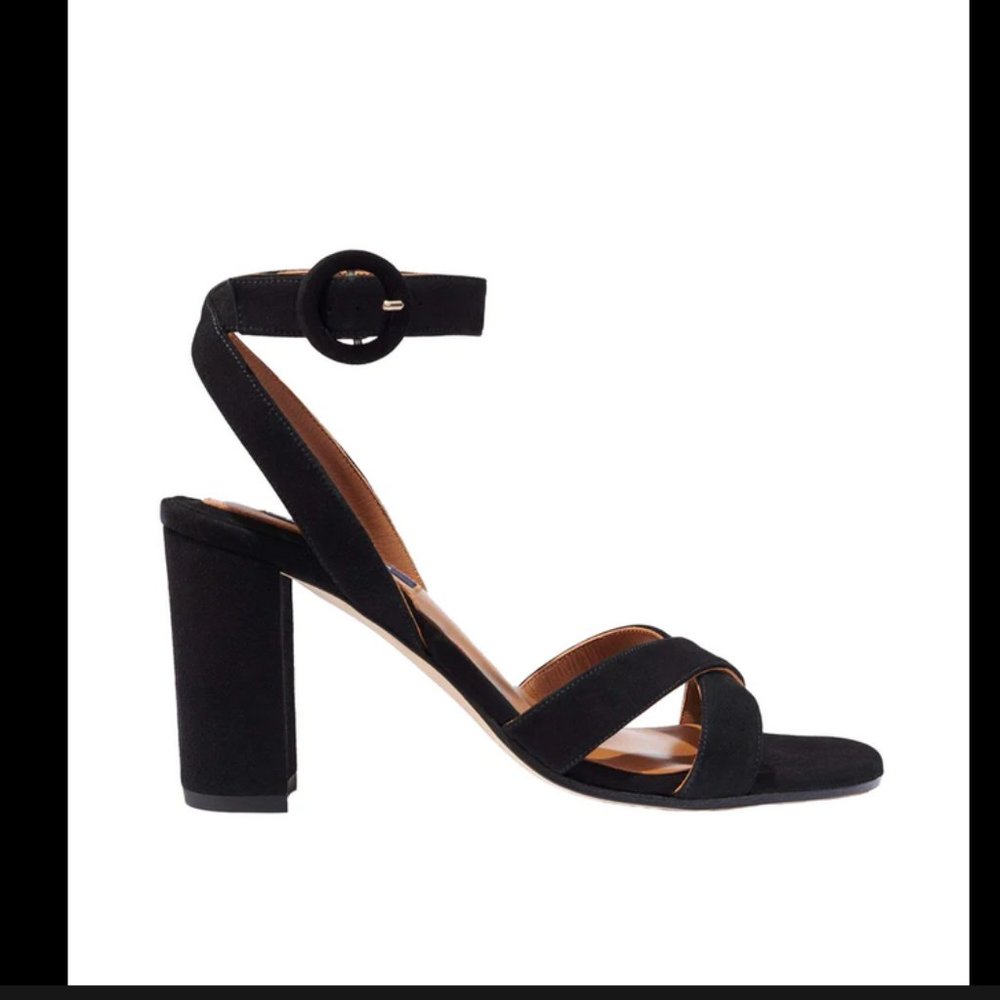 Margaux The Uptown Sandal in black suede, sz 39